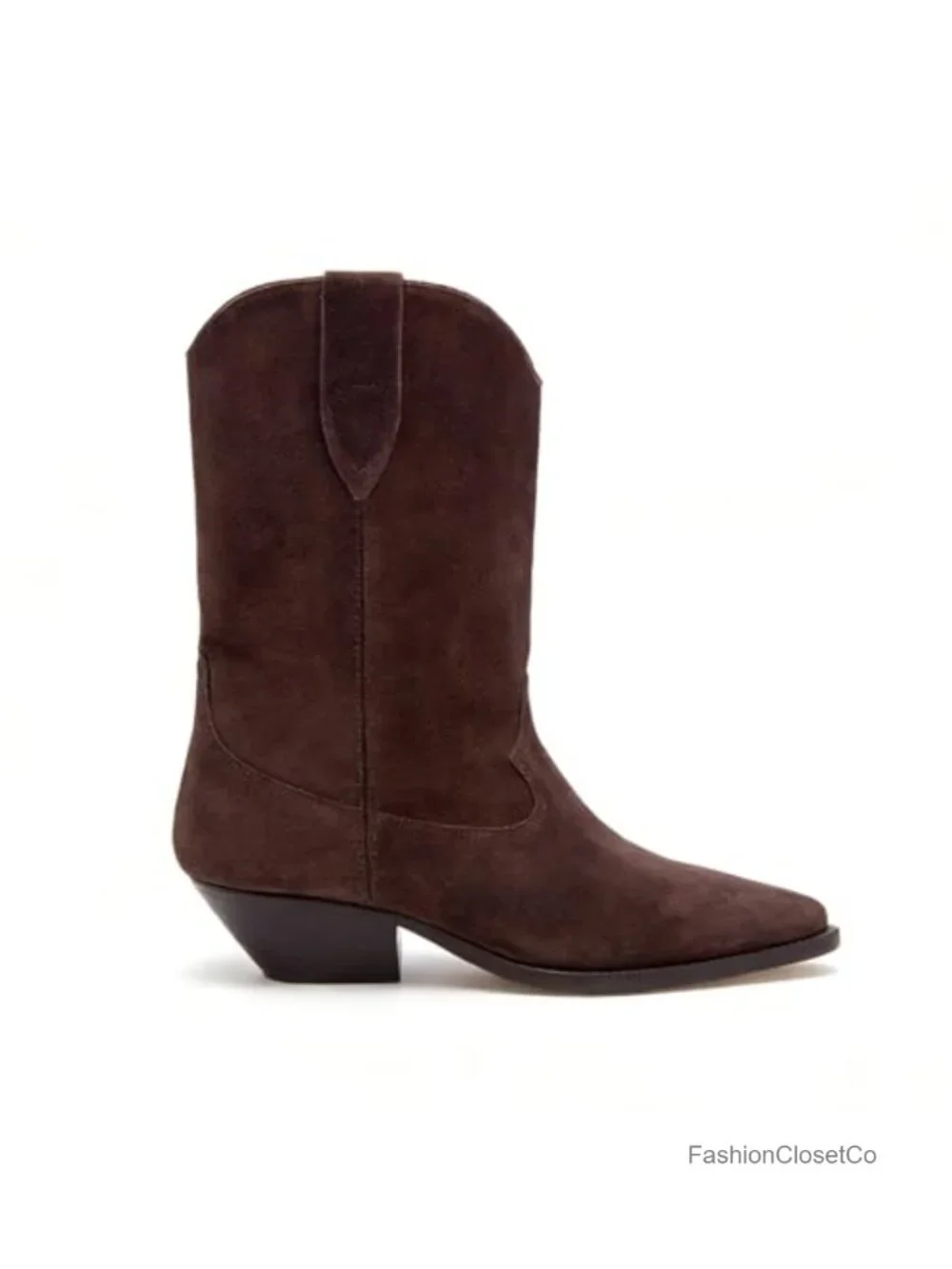 Suede Cowboy Boots Pointed Toe Mid-Calf Western Chunky Heel Pull On Fashion